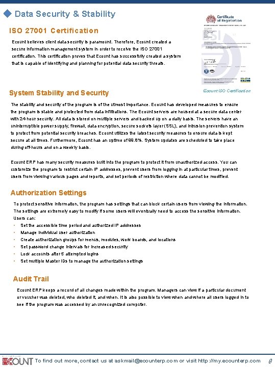 ◈ Data Security & Stability ISO 27001 Certification Ecount believes client data security is