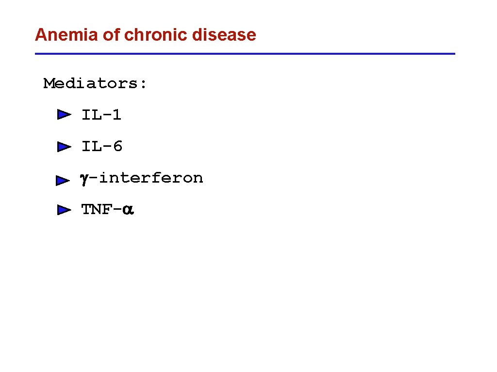 Anemia of chronic disease Mediators: IL-1 IL-6 g-interferon TNF-a 