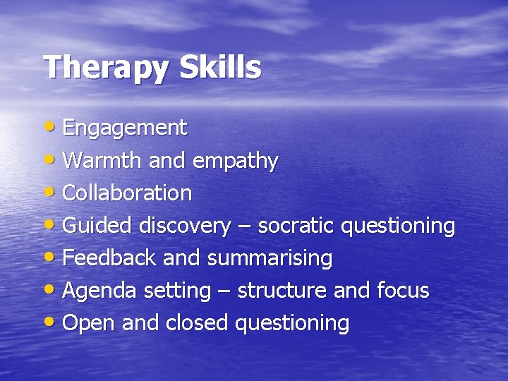 Therapy Skills • Engagement • Warmth and empathy • Collaboration • Guided discovery –
