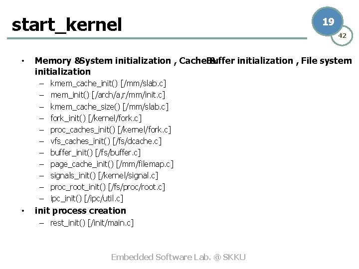 start_kernel • 42 Memory &System initialization , Cache. Buffer & initialization , File system