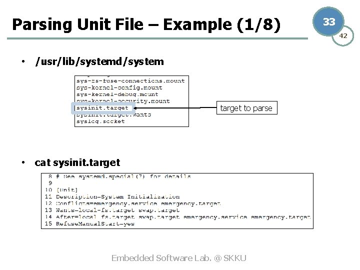 Parsing Unit File – Example (1/8) • /usr/lib/systemd/system target to parse • cat sysinit.