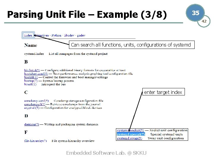 Parsing Unit File – Example (3/8) Can search all functions, units, configurations of systemd