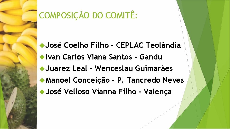 COMPOSIÇÃO DO COMITÊ: José Coelho Filho – CEPLAC Teolândia Ivan Carlos Viana Santos -