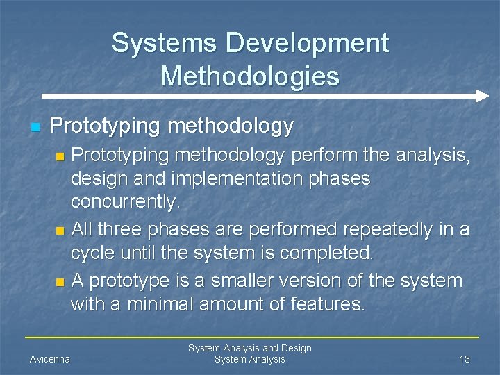 Systems Development Methodologies n Prototyping methodology perform the analysis, design and implementation phases concurrently.