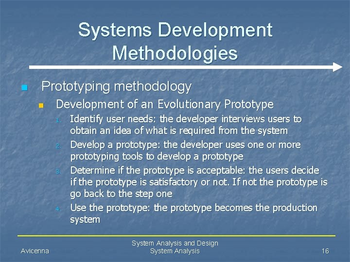 Systems Development Methodologies n Prototyping methodology n Development of an Evolutionary Prototype 1. 2.