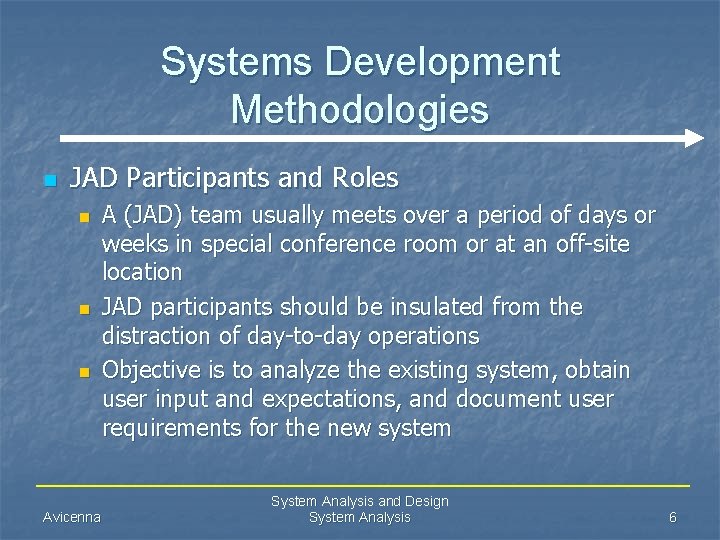 Systems Development Methodologies n JAD Participants and Roles n n n Avicenna A (JAD)