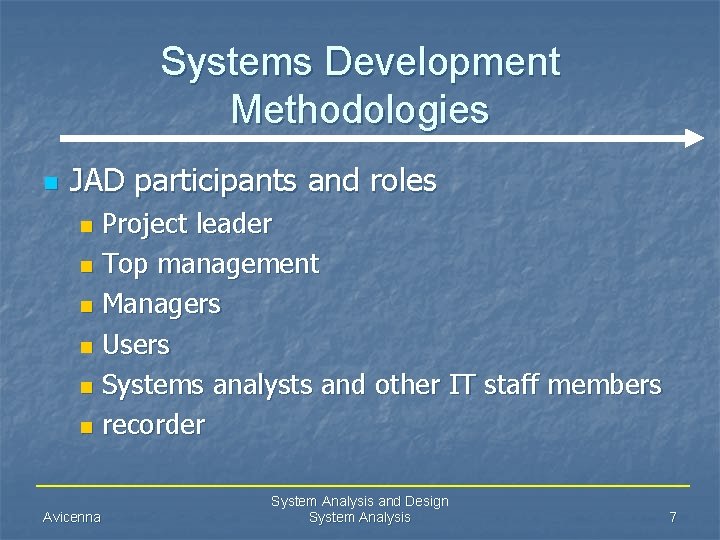 Systems Development Methodologies n JAD participants and roles Project leader n Top management n