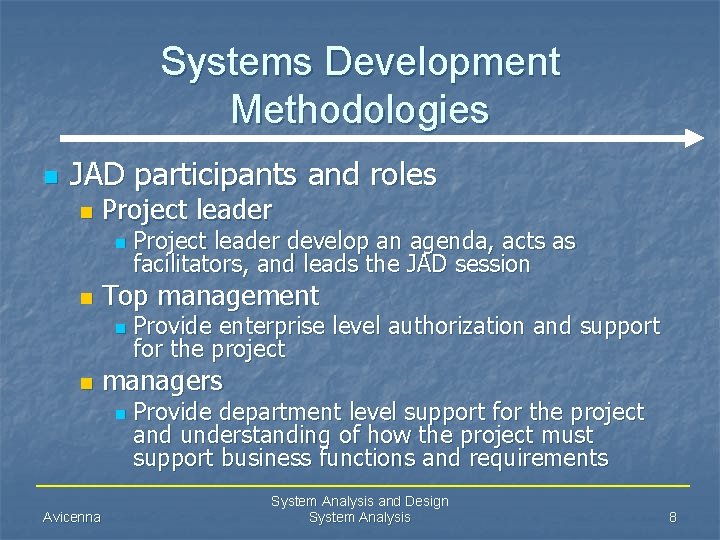Systems Development Methodologies n JAD participants and roles n Project leader n n Top
