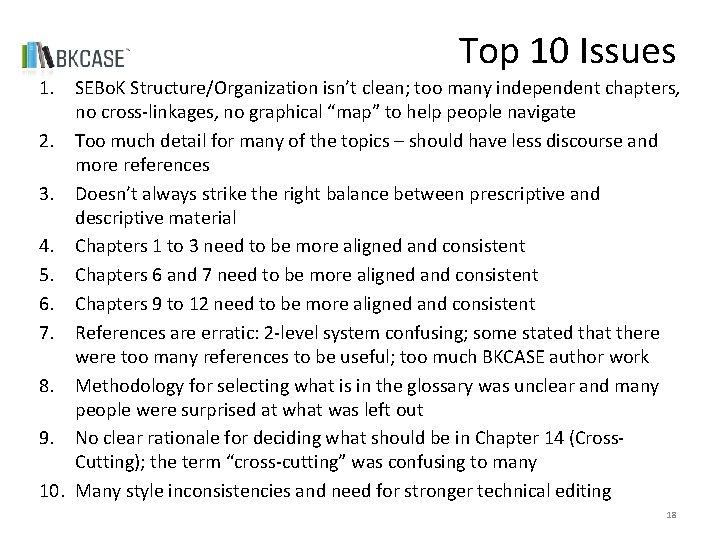 Top 10 Issues 1. SEBo. K Structure/Organization isn’t clean; too many independent chapters, no