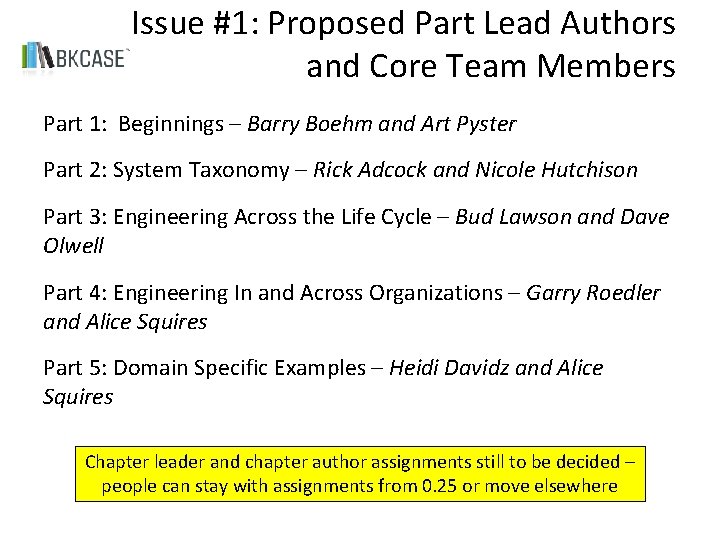 Issue #1: Proposed Part Lead Authors and Core Team Members Part 1: Beginnings –