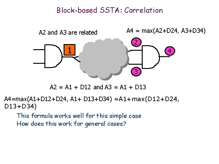 Block-based SSTA: Correlation A 2 and A 3 are related 1 A 4 =