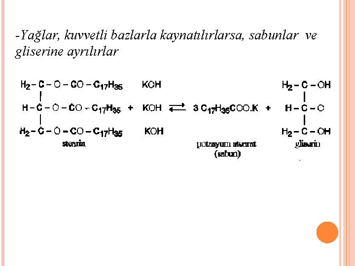 -Yağlar, kuvvetli bazlarla kaynatılırlarsa, sabunlar ve gliserine ayrılırlar 