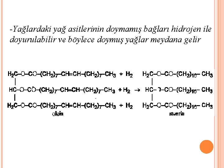 -Yağlardaki yağ asitlerinin doymamış bağları hidrojen ile doyurulabilir ve böylece doymuş yağlar meydana gelir