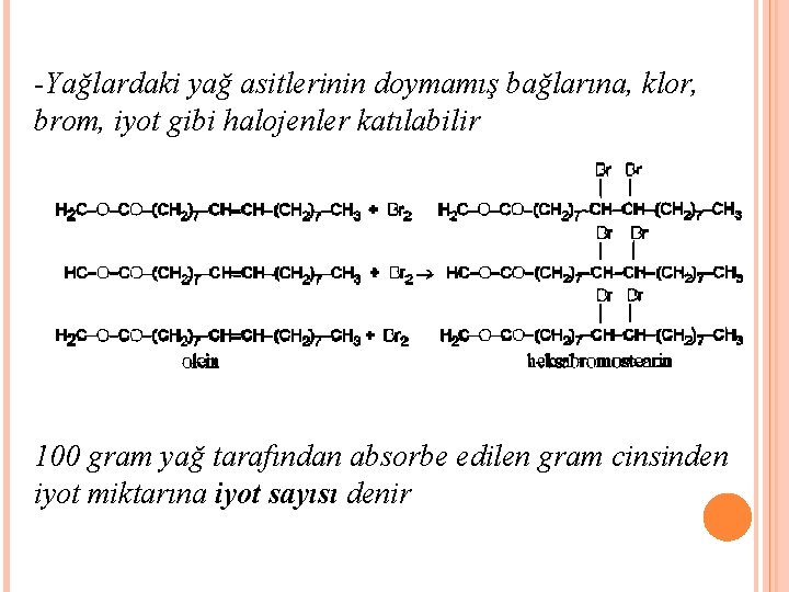 -Yağlardaki yağ asitlerinin doymamış bağlarına, klor, brom, iyot gibi halojenler katılabilir 100 gram yağ