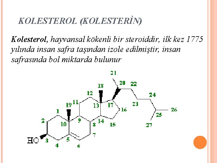 KOLESTEROL (KOLESTERİN) Kolesterol, hayvansal kökenli bir steroiddir, ilk kez 1775 yılında insan safra taşından