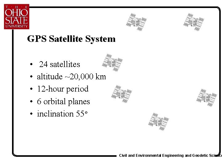 GPS Satellite System • • • 24 satellites altitude ~20, 000 km 12 -hour