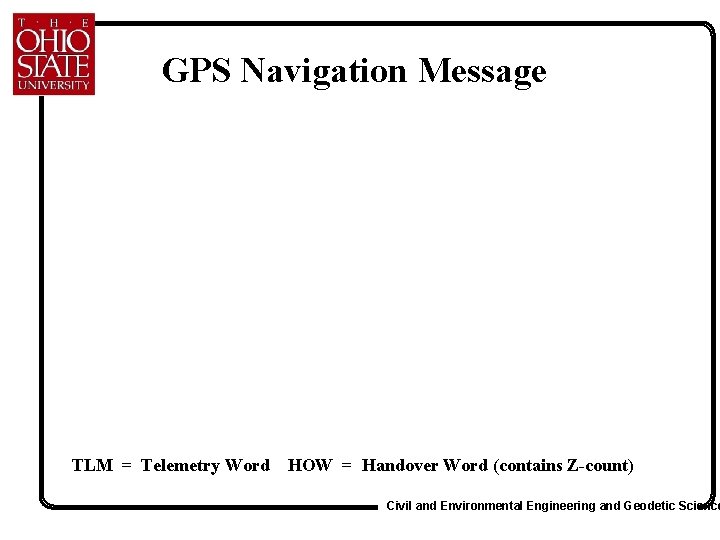 GPS Navigation Message TLM = Telemetry Word HOW = Handover Word (contains Z-count) Civil