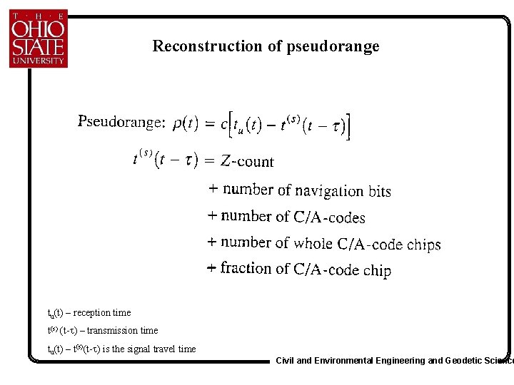 Reconstruction of pseudorange tu(t) – reception time t(s) (t- ) – transmission time tu(t)