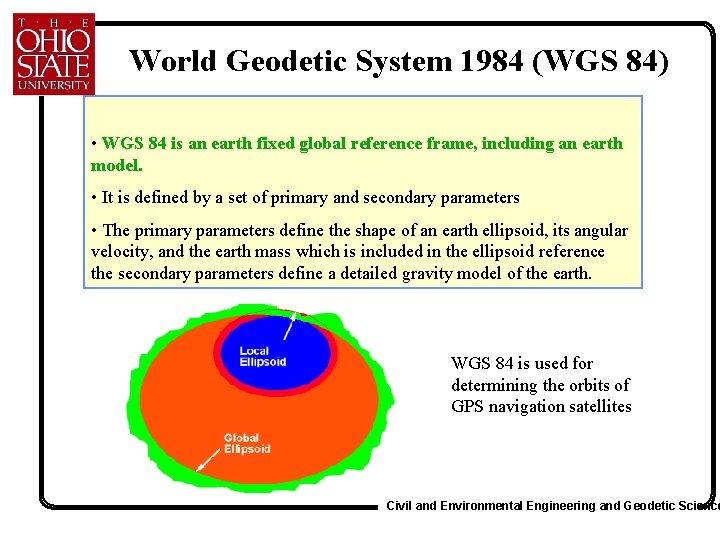 World Geodetic System 1984 (WGS 84) • WGS 84 is an earth fixed global
