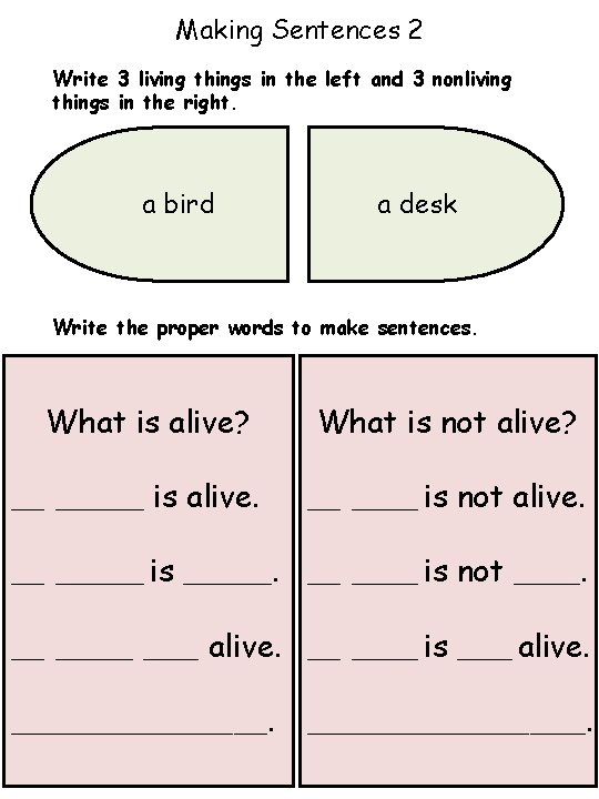 Making Sentences 2 Write 3 living things in the left and 3 nonliving things