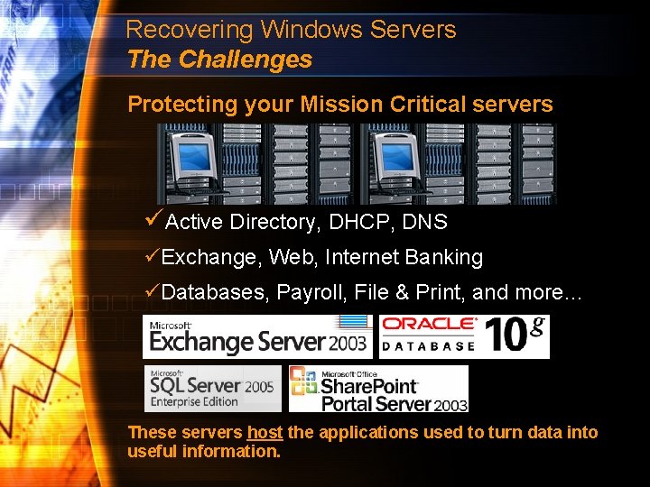 Recovering Windows Servers The Challenges Protecting your Mission Critical servers üActive Directory, DHCP, DNS