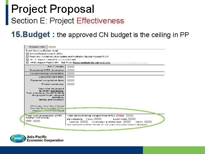 Project Proposal Section E: Project Effectiveness 15. Budget : the approved CN budget is