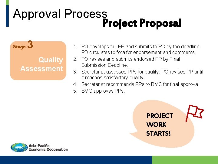 Approval Process Project Proposal Stage 3 Quality Assessment 1. PO develops full PP and