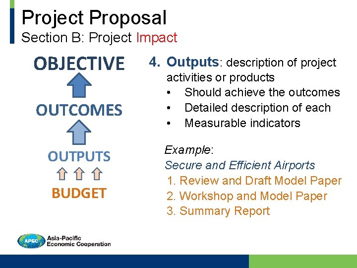 Project Proposal Section B: Project Impact OBJECTIVE OUTCOMES OUTPUTS BUDGET 4. Outputs: description of