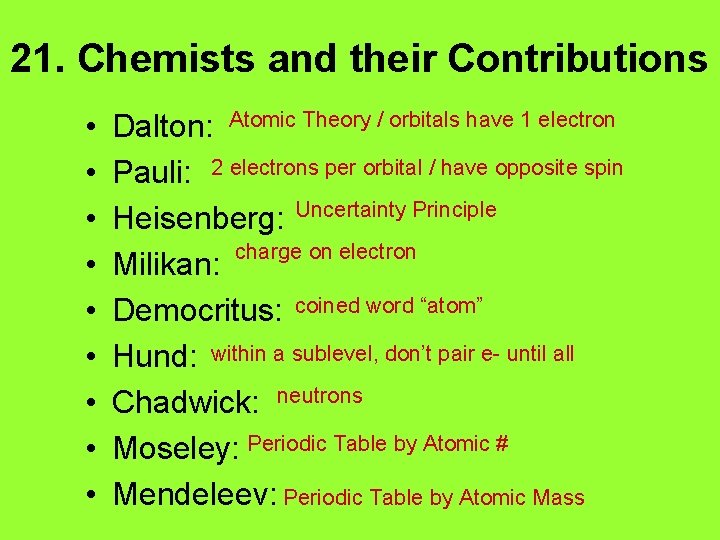 21. Chemists and their Contributions • • • Dalton: Atomic Theory / orbitals have