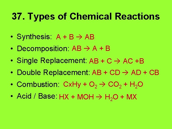 37. Types of Chemical Reactions • Synthesis: A + B AB • Decomposition: AB