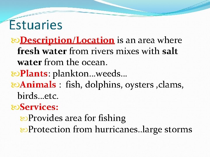 Estuaries Description/Location is an area where fresh water from rivers mixes with salt water