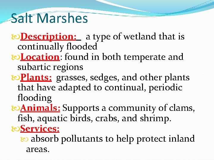 Salt Marshes Description: a type of wetland that is continually flooded Location: found in