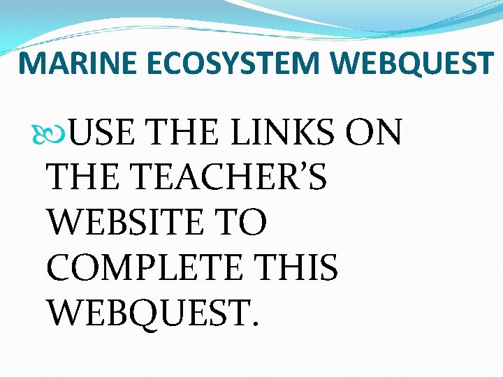 MARINE ECOSYSTEM WEBQUEST USE THE LINKS ON THE TEACHER’S WEBSITE TO COMPLETE THIS WEBQUEST.