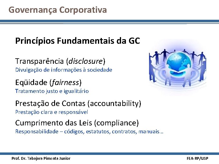 Governança Corporativa Princípios Fundamentais da GC Transparência (disclosure) Divulgação de informações à sociedade Eqüidade