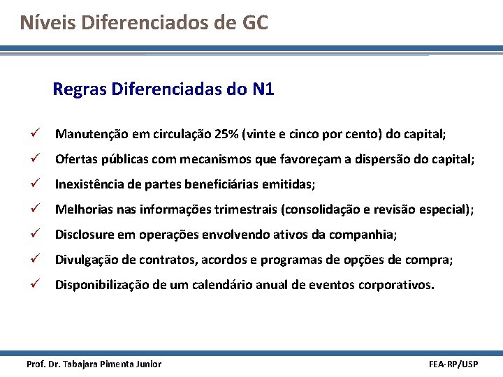 Níveis Diferenciados de GC Regras Diferenciadas do N 1 ü Manutenção em circulação 25%