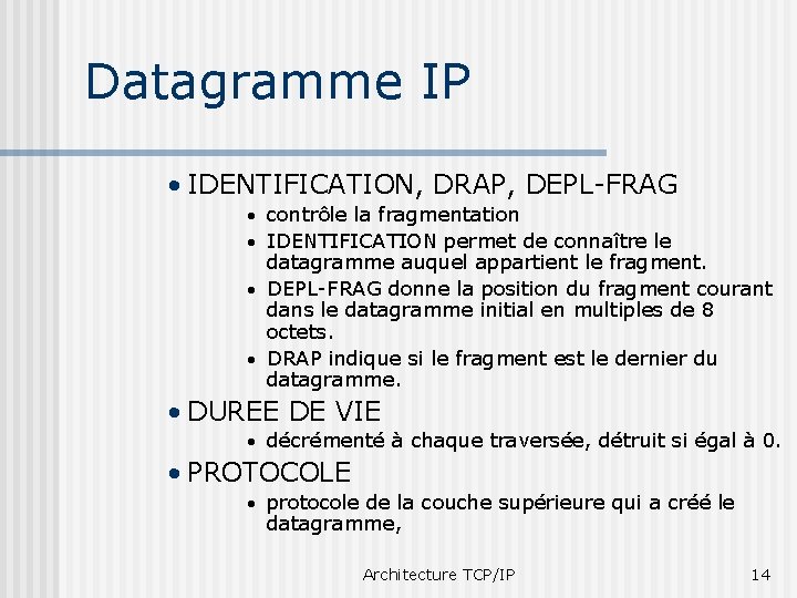 Datagramme IP • IDENTIFICATION, DRAP, DEPL-FRAG • contrôle la fragmentation • IDENTIFICATION permet de