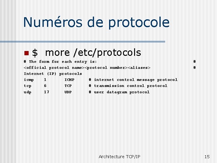 Numéros de protocole n $ more /etc/protocols # The form for each entry is:
