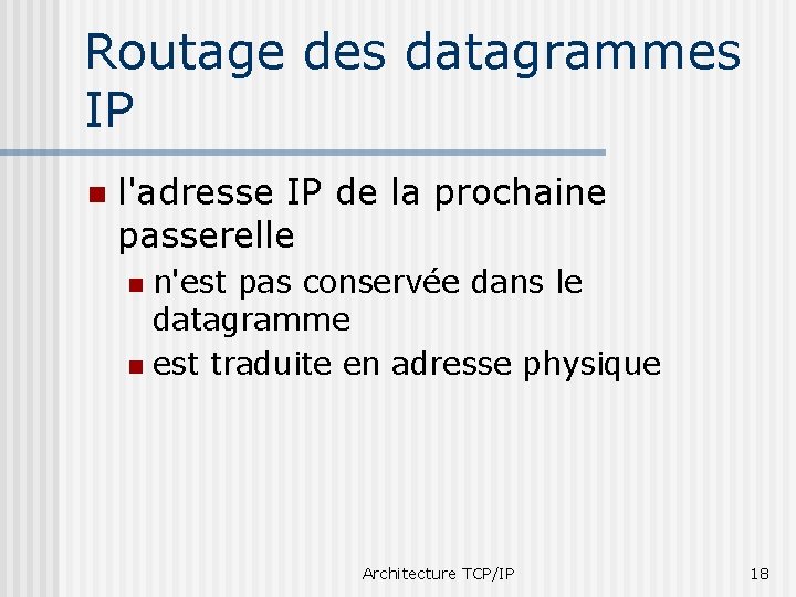 Routage des datagrammes IP n l'adresse IP de la prochaine passerelle n'est pas conservée