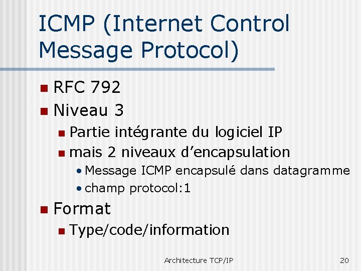 ICMP (Internet Control Message Protocol) RFC 792 n Niveau 3 n Partie intégrante du