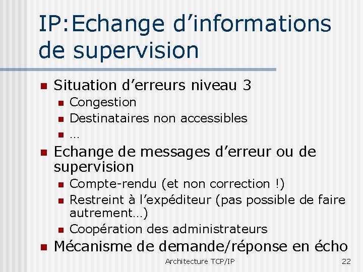 IP: Echange d’informations de supervision n Situation d’erreurs niveau 3 n n Echange de