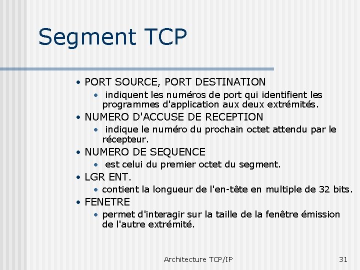 Segment TCP • PORT SOURCE, PORT DESTINATION • indiquent les numéros de port qui