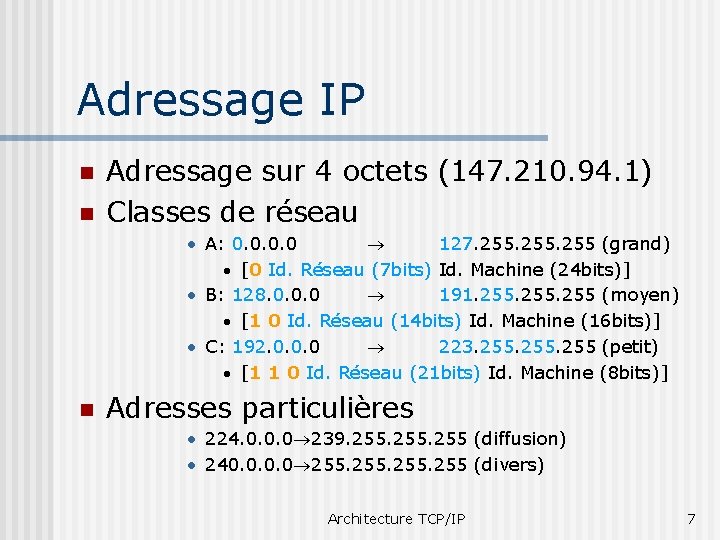 Adressage IP n n Adressage sur 4 octets (147. 210. 94. 1) Classes de