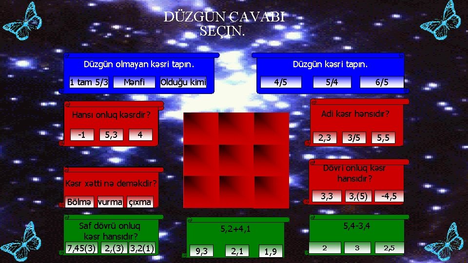 DÜZGÜN CAVABI SEÇIN. Düzgün olmayan kəsri tapın. 1 tam 5/3 Mənfi Düzgün kəsri tapın.