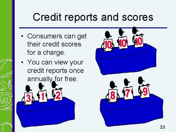 Credit reports and scores • Consumers can get their credit scores for a charge.