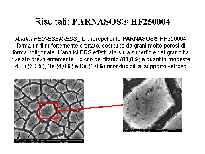 Risultati: PARNASOS® HF 250004 Analisi FEG-ESEM-EDS_ L’idrorepellente PARNASOS® HF 250004 forma un film fortemente