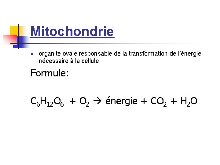 Mitochondrie n organite ovale responsable de la transformation de l’énergie nécessaire à la cellule