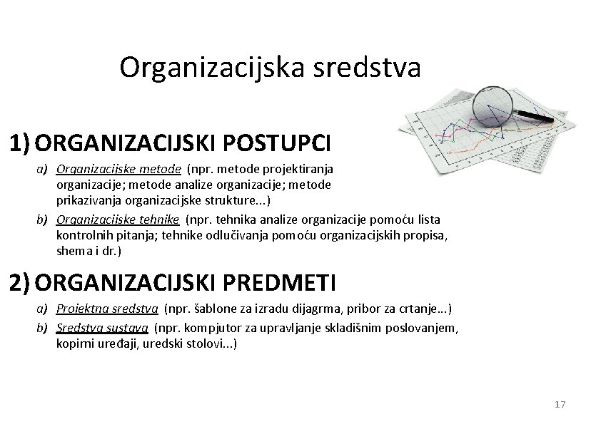 Organizacijska sredstva 1) ORGANIZACIJSKI POSTUPCI a) Organizacijske metode (npr. metode projektiranja organizacije; metode analize