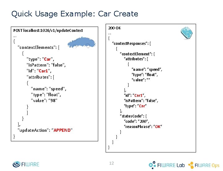 Quick Usage Example: Car Create POST localhost: 1026/v 1/update. Context. . . { }