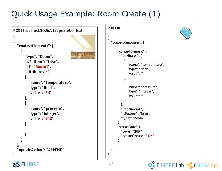 Quick Usage Example: Room Create (1) POST localhost: 1026/v 1/update. Context. . . {