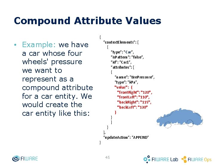 Compound Attribute Values { • Example: we have a car whose four wheels' pressure